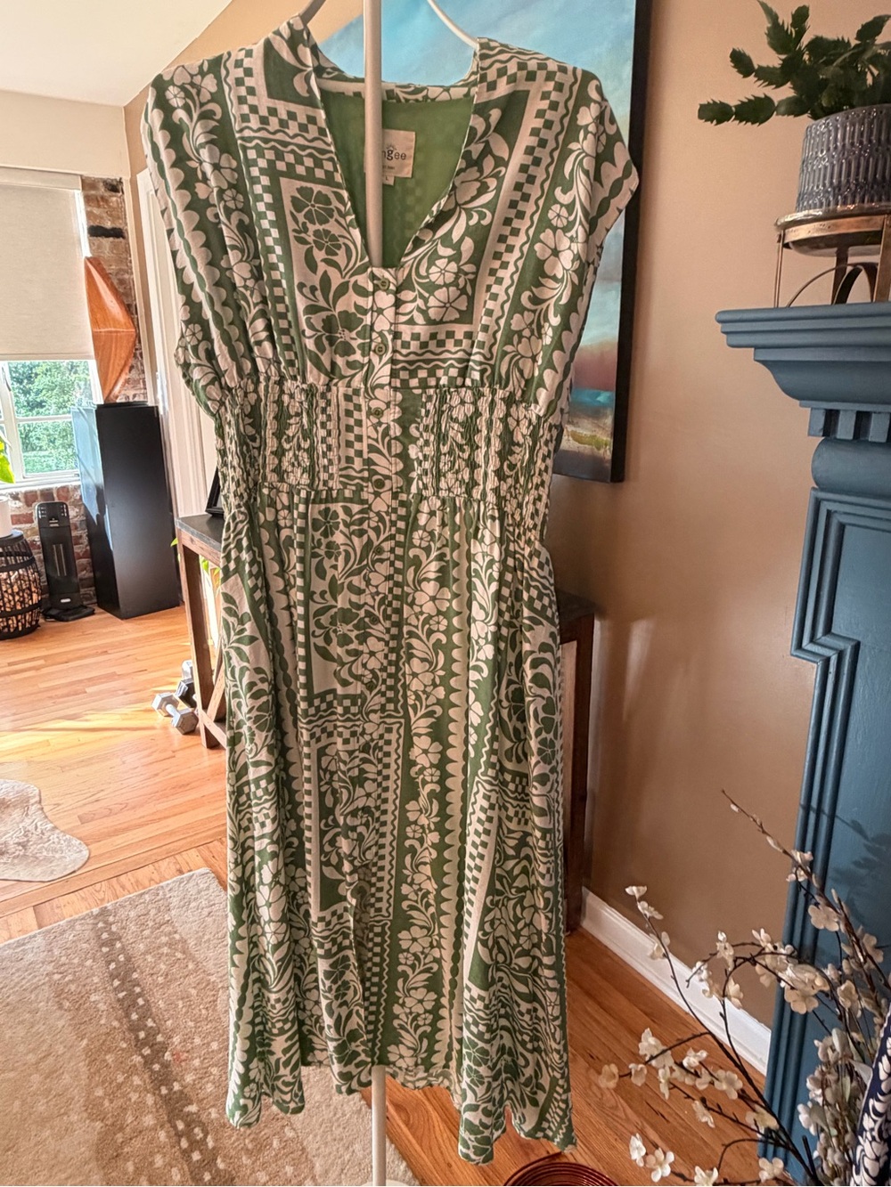Umgee Green & White Printed Midi Dress with Smocked Waist